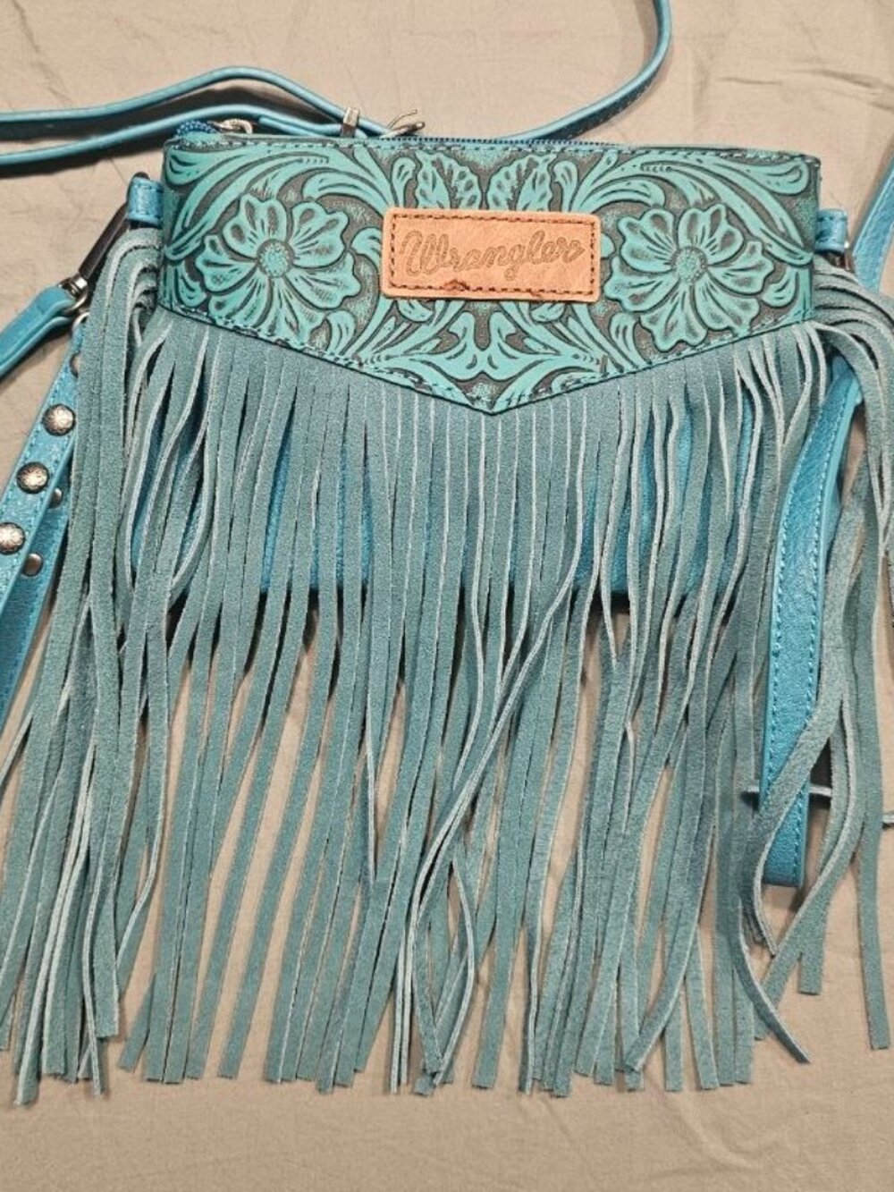 Turquoise Wrangler Crossbody bag features vintage floral tooling and authentic - Picture 7 of 9